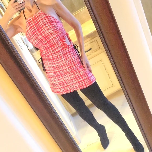 Self-Portrait Red & White Plaid Sleeveless Halter Mini Dress, Sz 0 - Picture 10 of 17